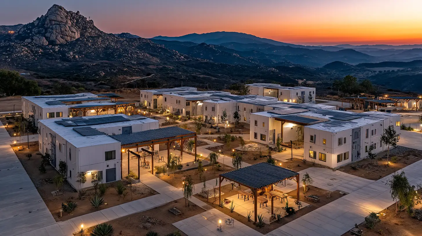 Aerial view at dusk of a workforce housing village with low-rise units arranged around shared courtyards and pergolas