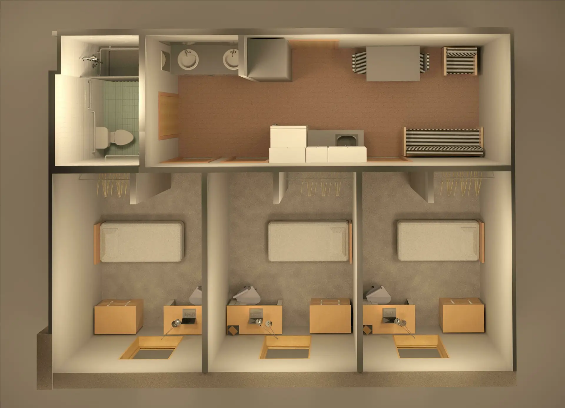 Top-down floor plan of a workforce housing unit with three private rooms and a shared kitchen and living area