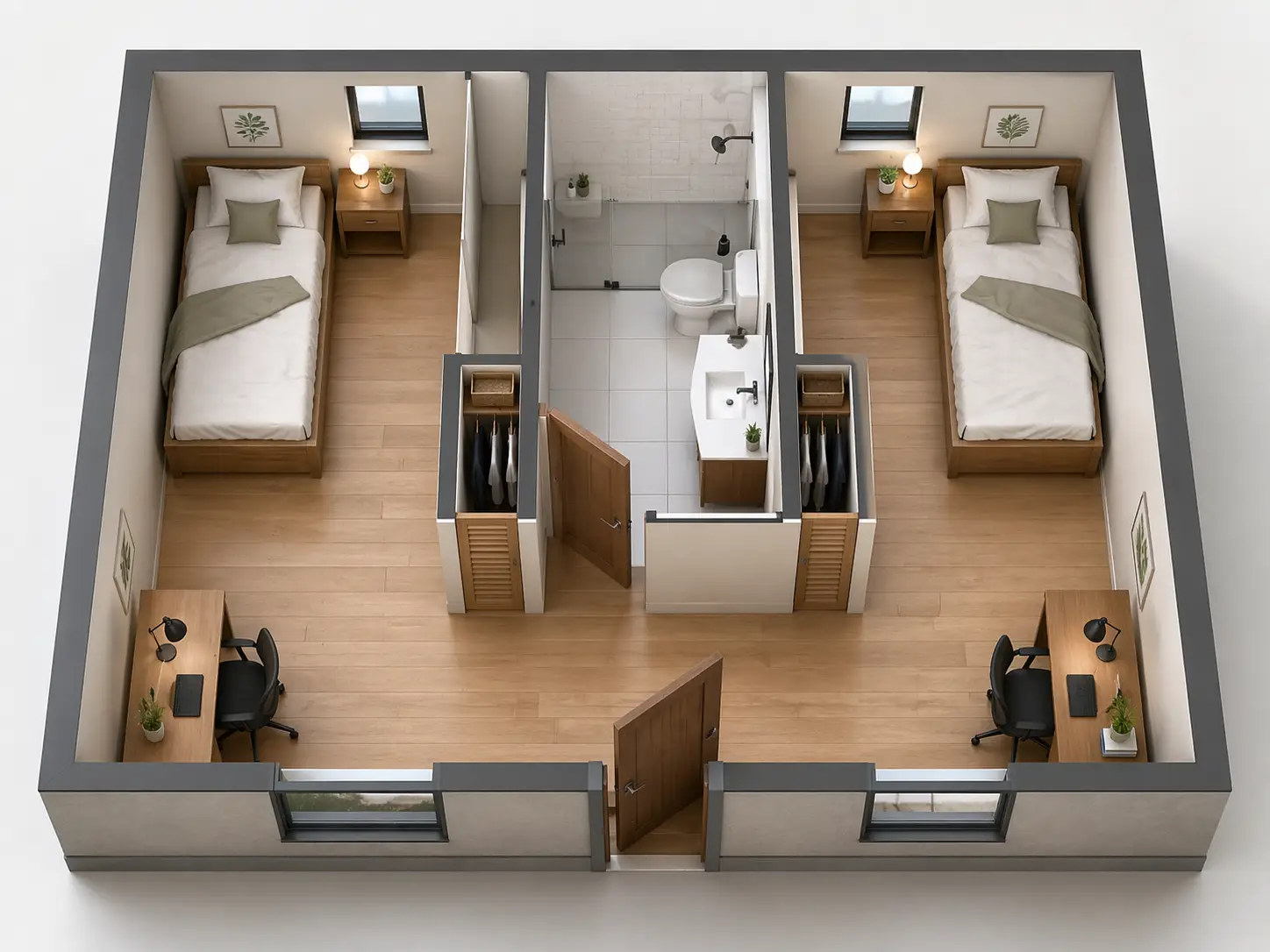 Cutaway view of a two-bedroom workforce housing unit with private rooms, desks and a shared central bathroom